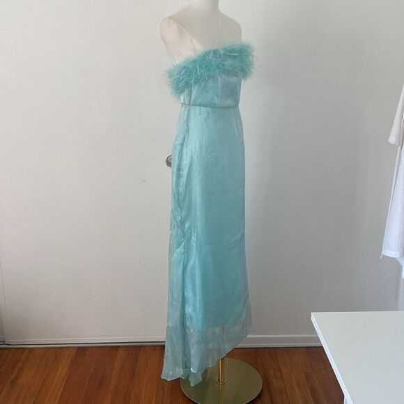 Vintage Turquoise Blue Formal Maxi Dress with Sparkles,Train, and Feathers - Picture 6 of 13